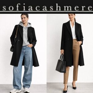 $995 Effortlessly chic! Sofia Cashmere 💯 wool double breasted coat black size 2